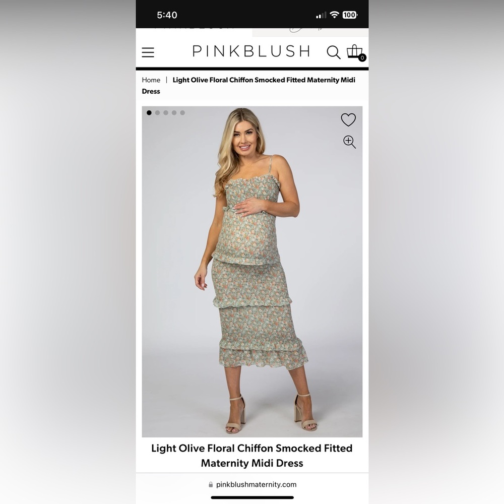 Pinkblush Light Olive Floral Chiffon Smocked Fitted Maternity Midi Dress Size M